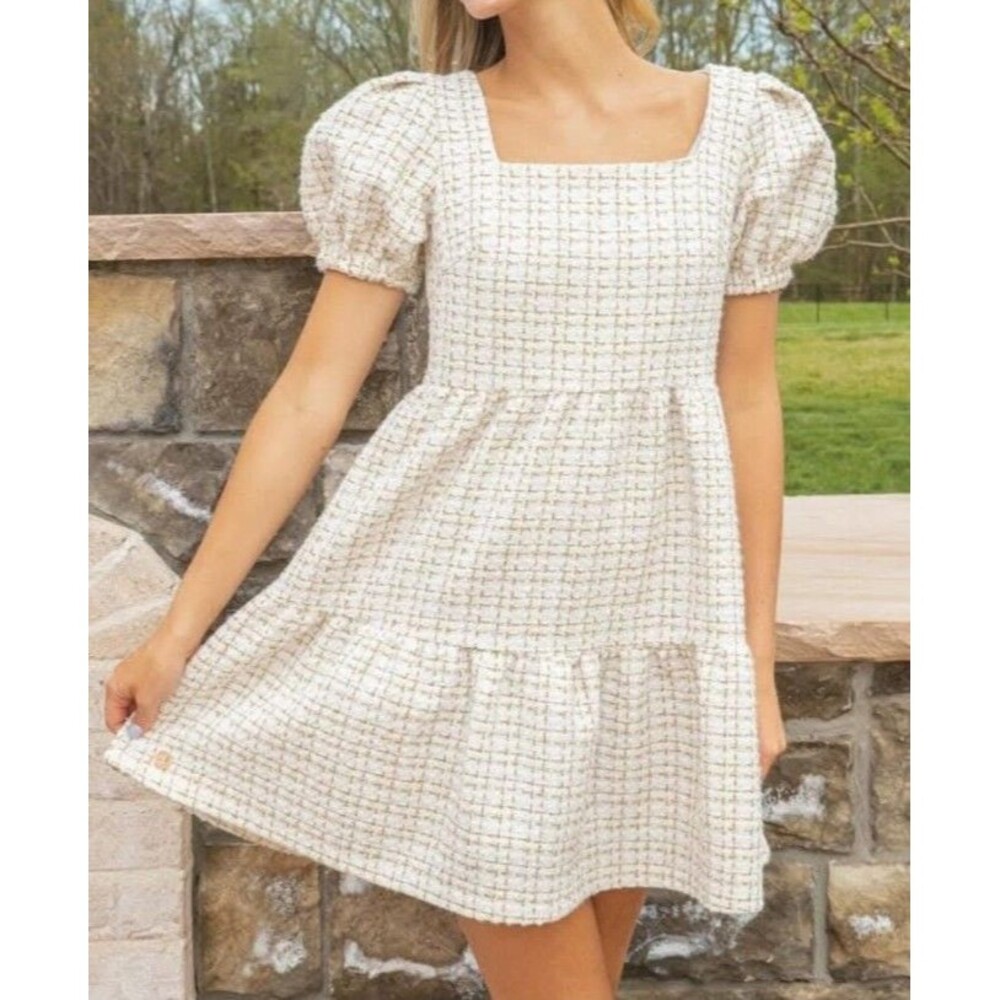 Simply Southern cream and gold tweed puff sleeve dress NWT Wedding Shower